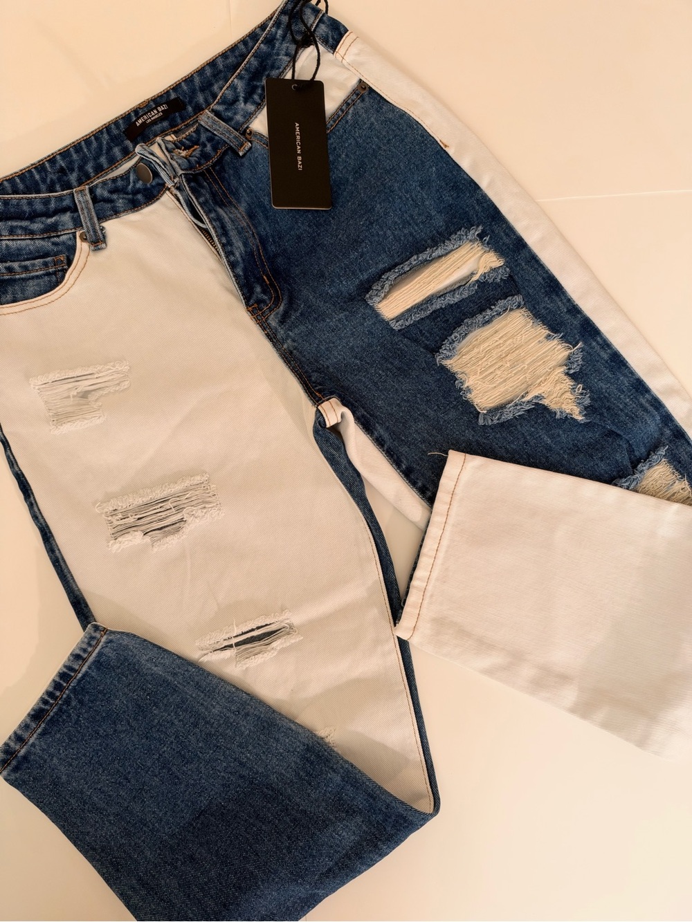 NWT American Bazi split jeans colorblock two tone mom straight grunge shredded 3